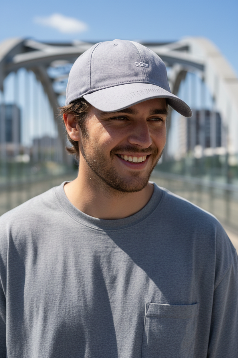 Man wearing a gray cap and shirt standing in front of a bridge