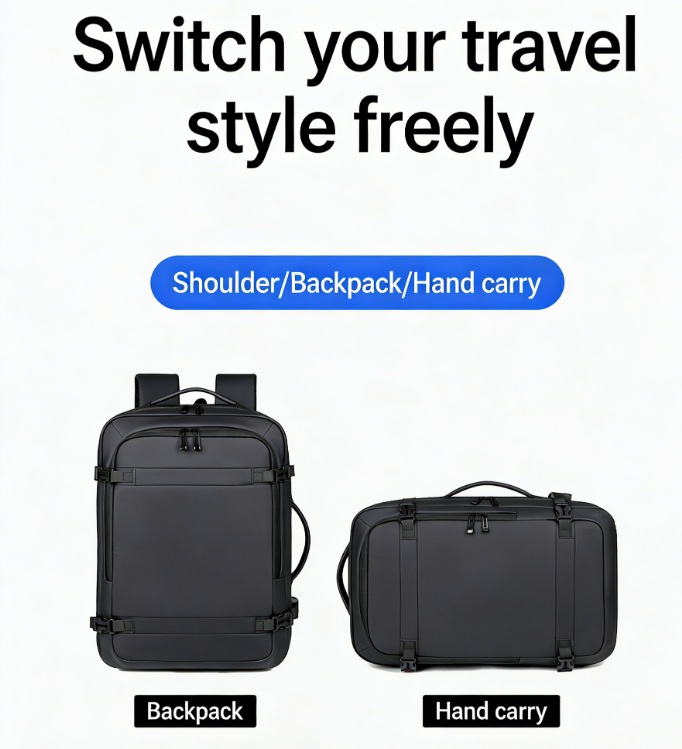 Black backpack and hand carry bag with text 'Switch your travel style freely' on a white background.