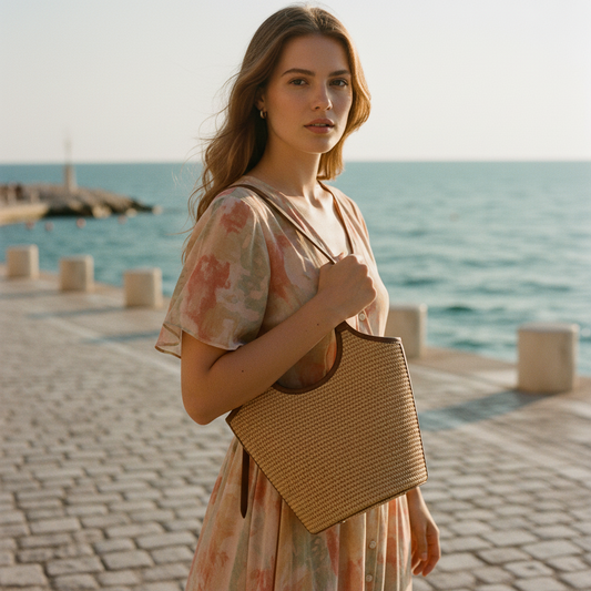 Woman holding a woven bag by the sea