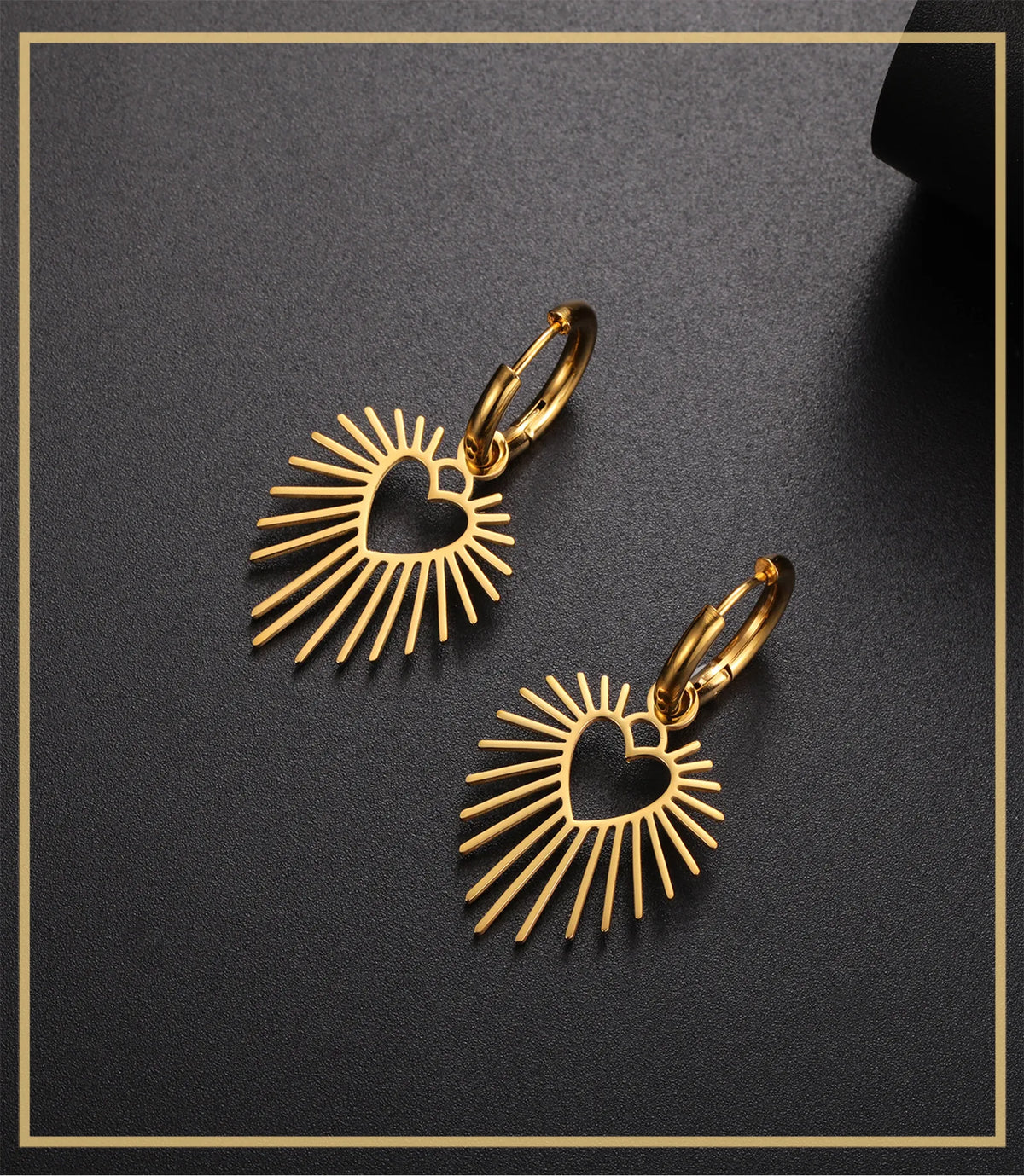 Geometric Heart Sun Pendant Drop Earrings