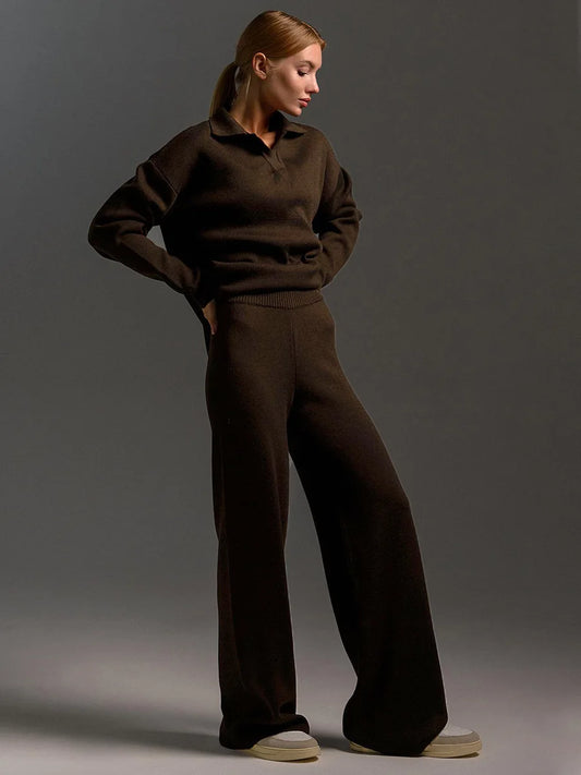 The Luxe Knit Co-Ord: Women's Polo Pullover & Wide Leg Pants Set