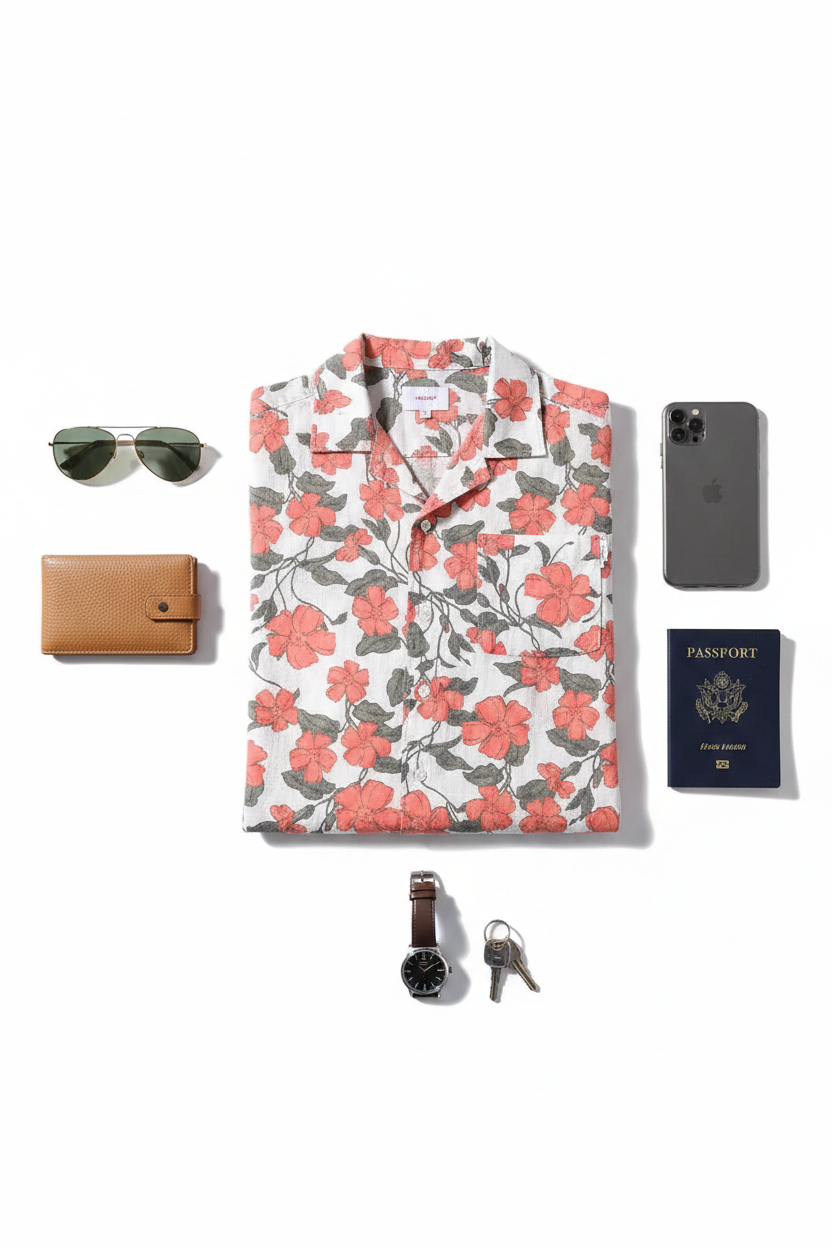 Floral shirt with accessories including a wallet, phone, sunglasses, watch, keys, and passport on a white background