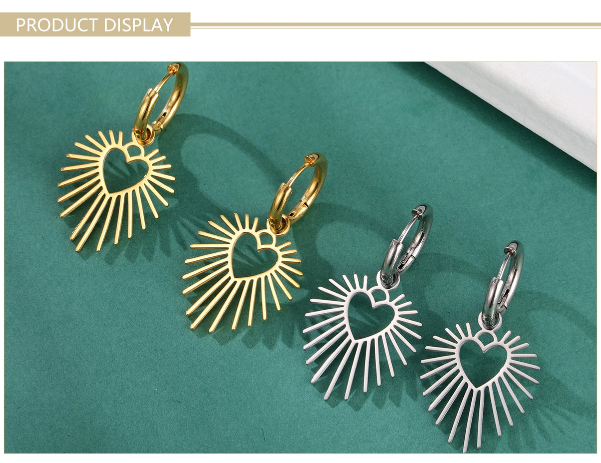 Geometric Heart Sun Pendant Drop Earrings