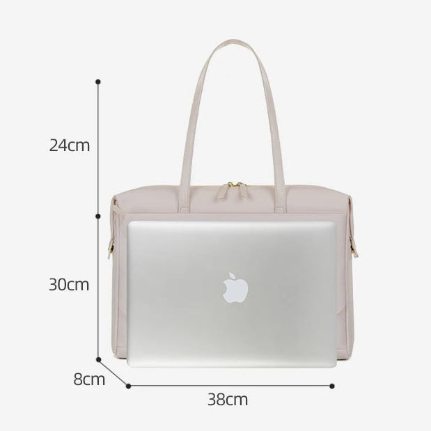 A pale blush-beige tote-style laptop bag shown on a white background with measurement labels indicating 30 cm height, 38 cm width, and 8 cm depth, plus text stating reference bag dimensions before order.