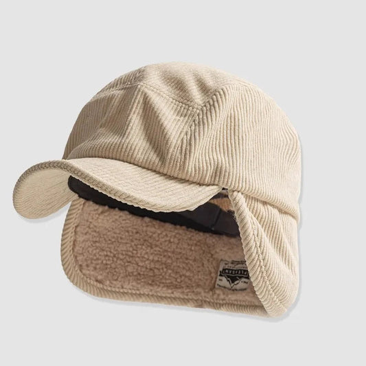 Beige corduroy cap with earflaps on a light gray background, featuring the BANLEI brand.