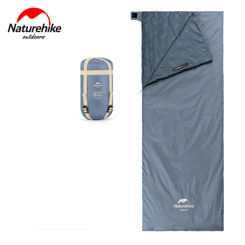 Gray sleeping bag with packaging and specifications on a white background, featuring the Naturehike brand.