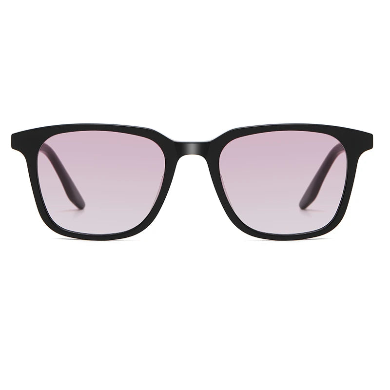 Black-framed sunglasses with pink lenses on a white background