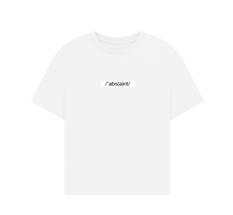 White t-shirt with black text on a white background