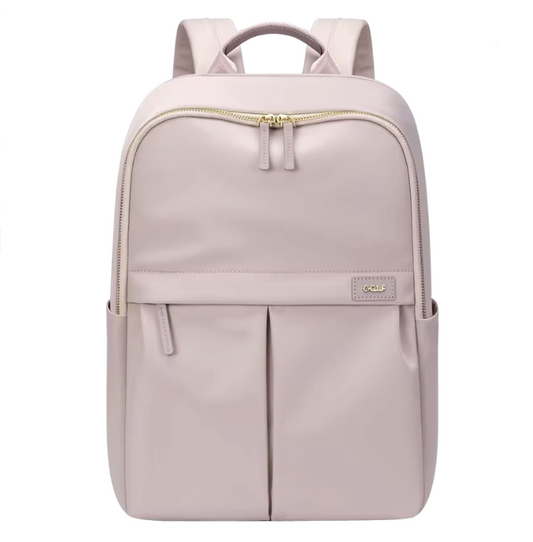 A light pink nylon backpack with gold-tone zippers and a small gold logo plaque on the front, shown against a plain white background.