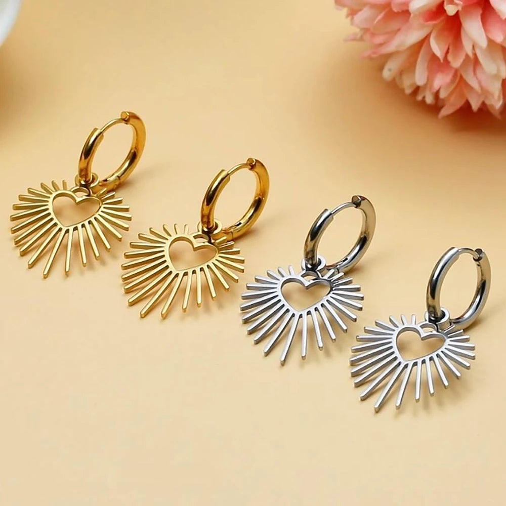 Geometric Heart Sun Pendant Drop Earrings