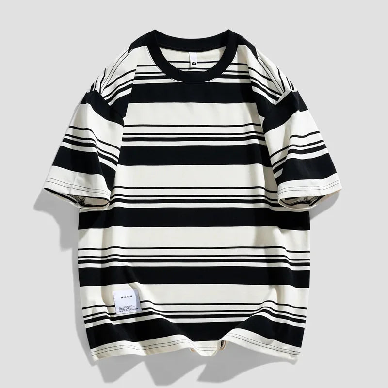 Black and white striped t-shirt on a light gray background