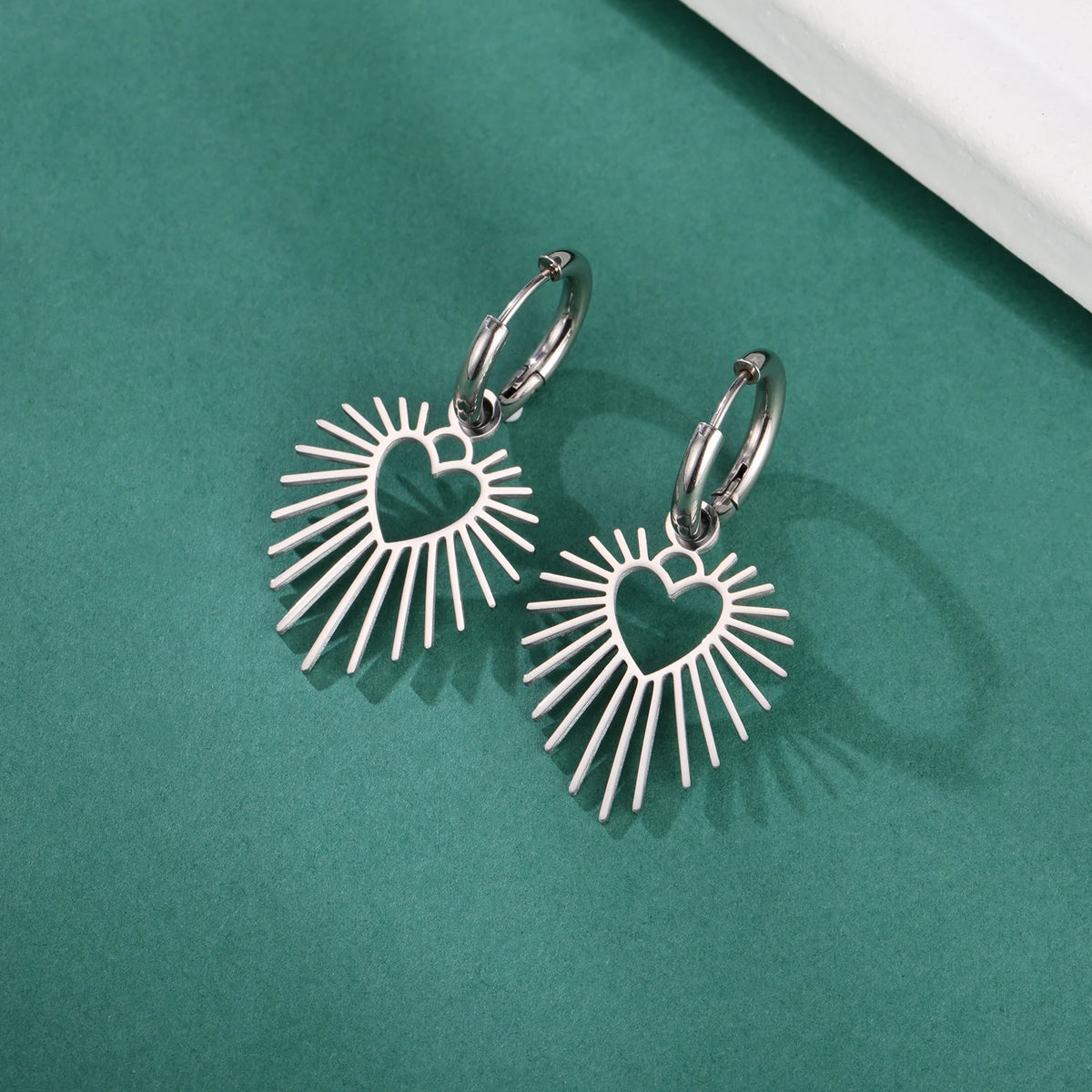 Geometric Heart Sun Pendant Drop Earrings
