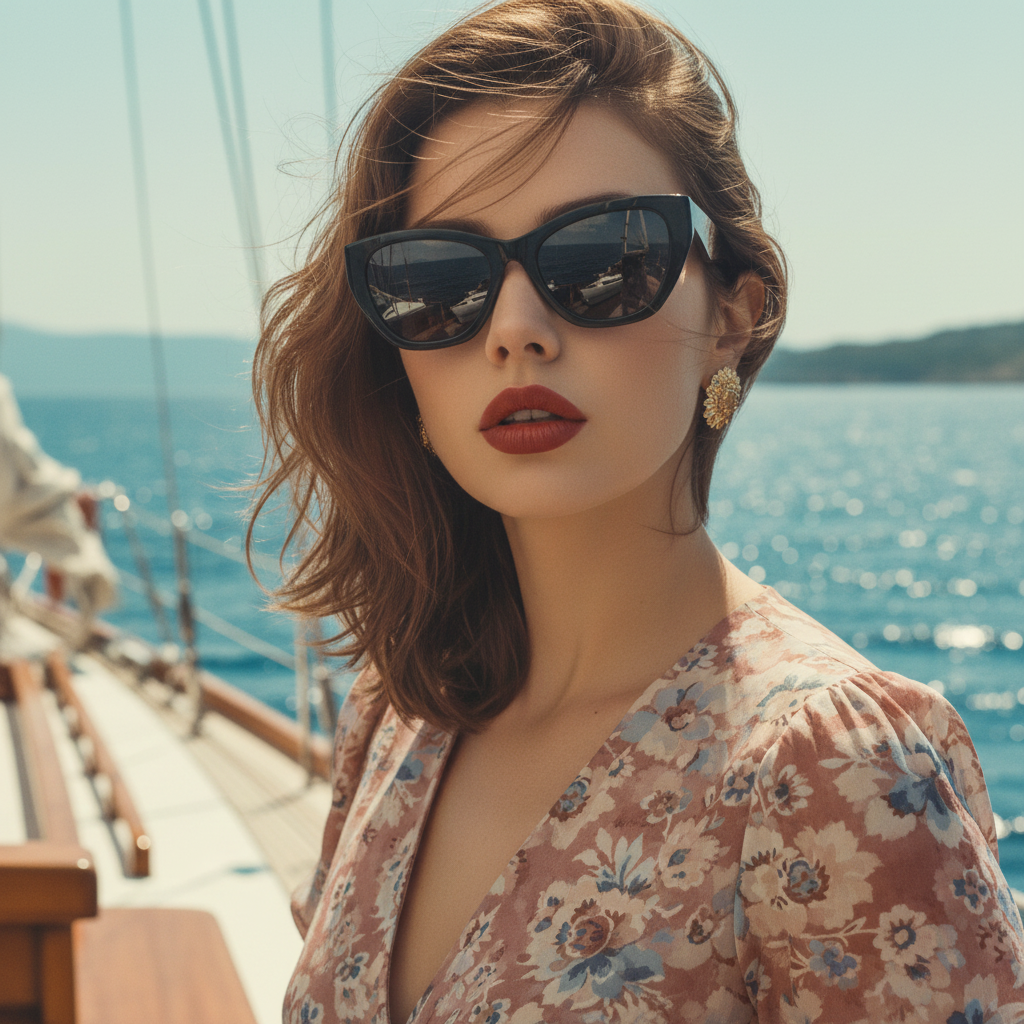 Woman wearing sunglasses and a floral dress on a boat with ocean view