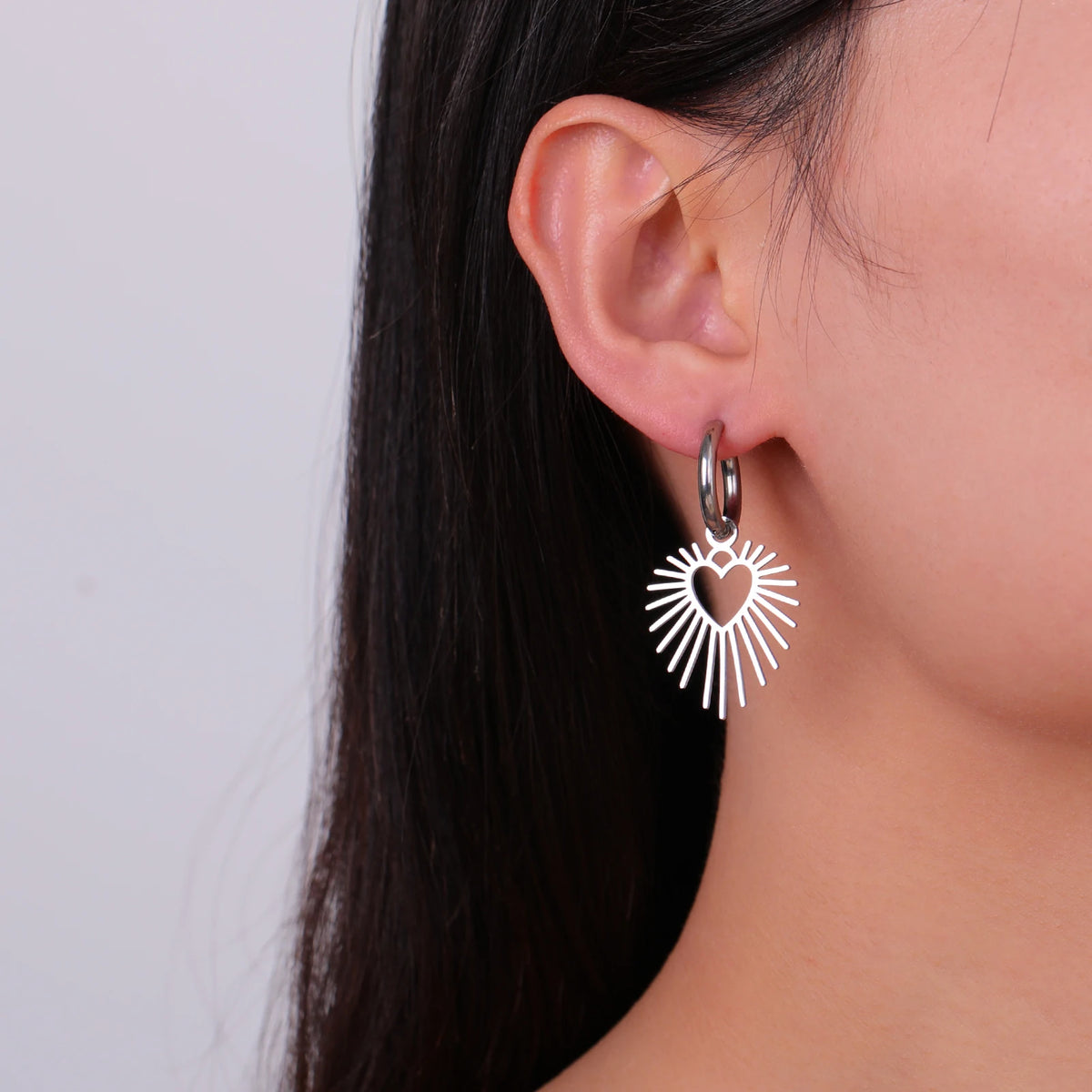 Geometric Heart Sun Pendant Drop Earrings