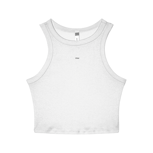 White tank top with brand logo on a white background