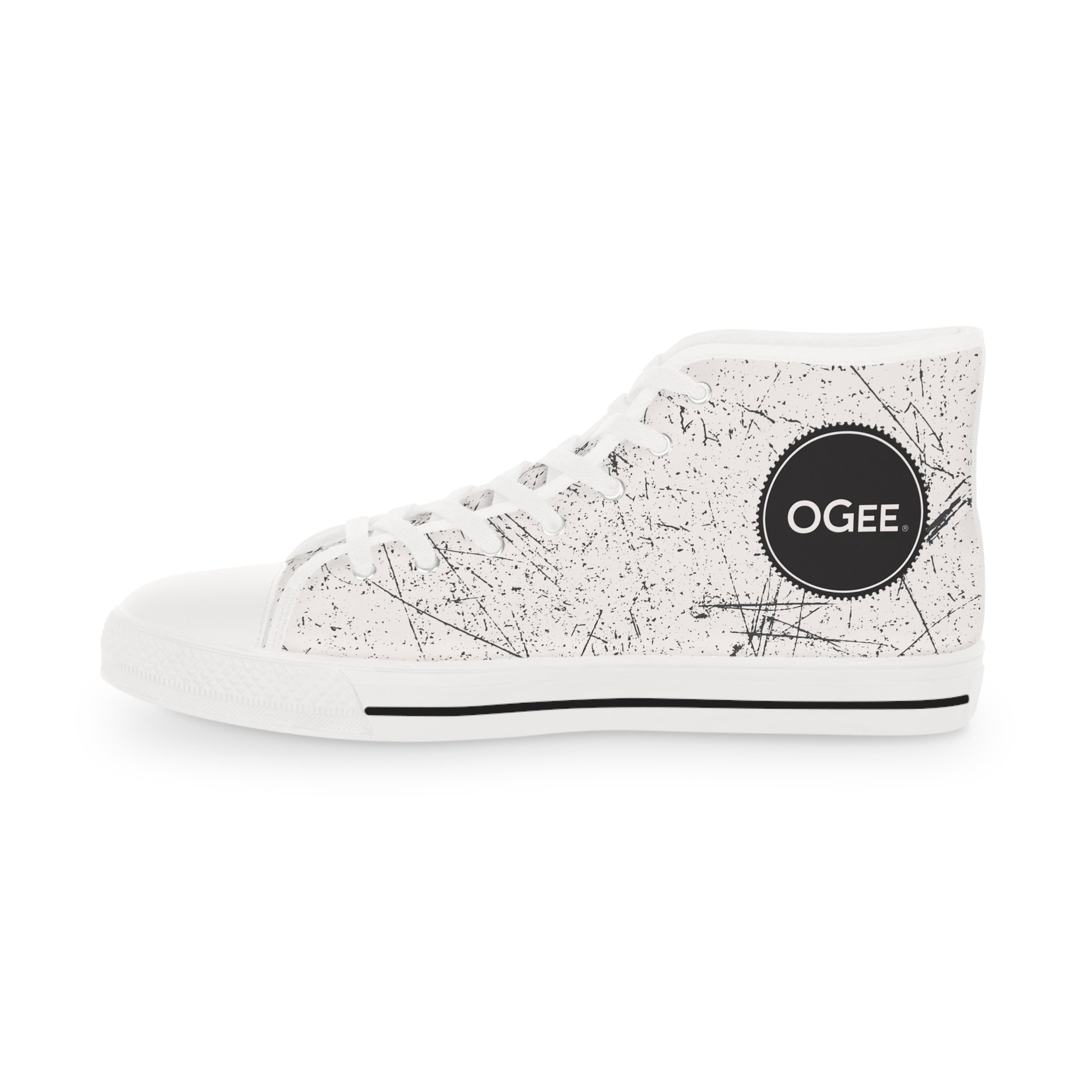 OGEE Men's High Top Originals Sneakers in Distressed Black print on Ecru