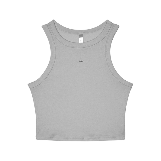 Gray tank top with a brand logo on a white background