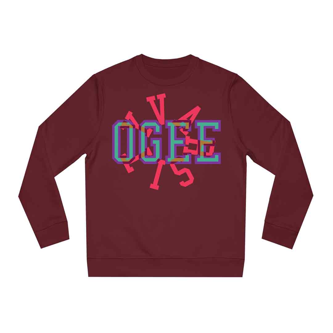 OGEE Women's Crew neck Sweatshirt in Burgundy with Collegiate font colour overlay artwork  