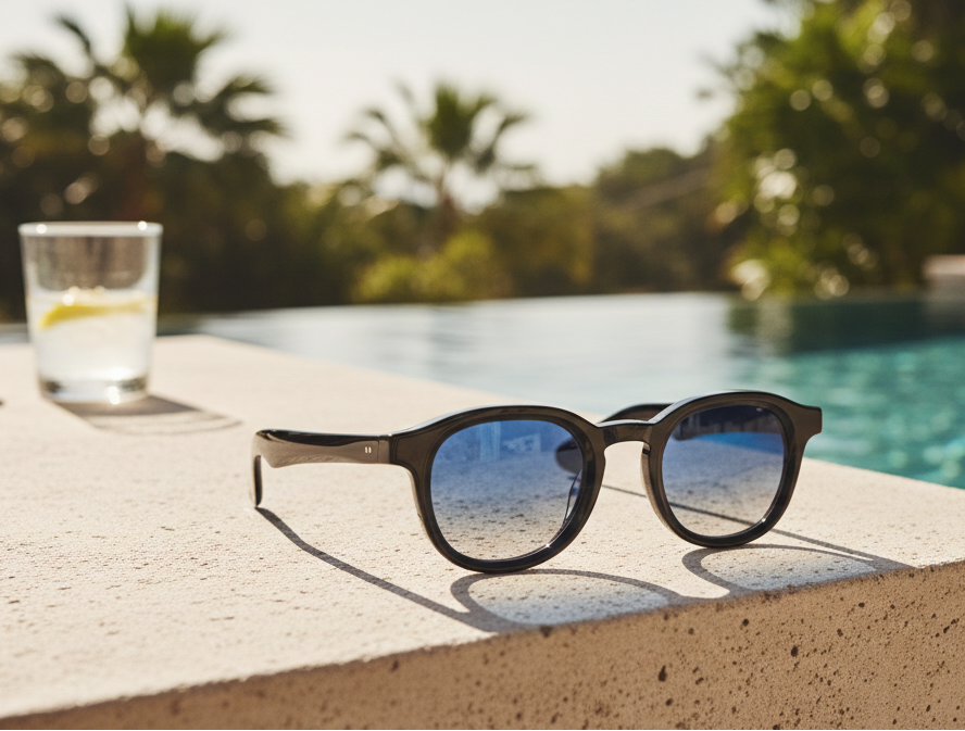 Sunglasses on a poolside ledge with a pool and palm trees in the background