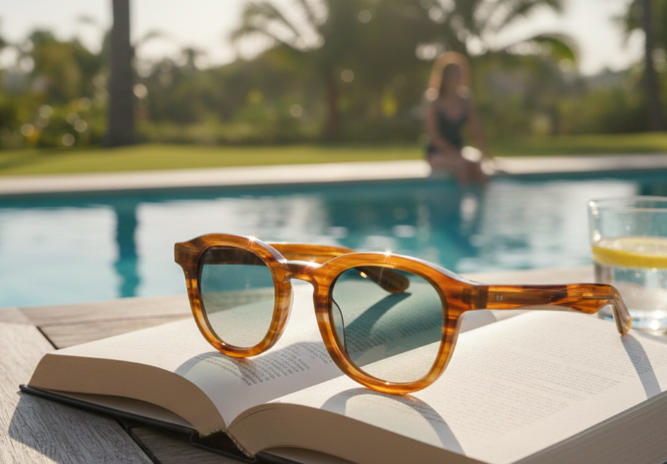 Sunglasses on an open book with a pool and person in the background