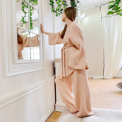 The Kinfolk Women's Kimono Home Luxury Sleepwear Set: Elevated Comfort in 100% Cotton Crepe