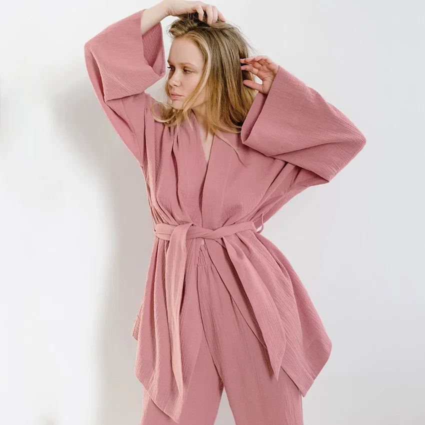 The Kinfolk Women's Kimono Home Luxury Sleepwear Set: Elevated Comfort in 100% Cotton Crepe