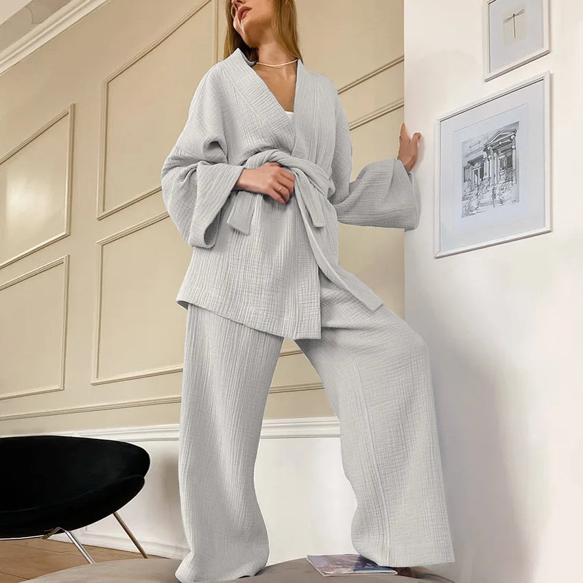 The Kinfolk Women's Kimono Home Luxury Sleepwear Set: Elevated Comfort in 100% Cotton Crepe