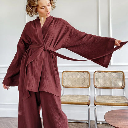 The Kinfolk Women's Kimono Home Luxury Sleepwear Set: Elevated Comfort in 100% Cotton Crepe