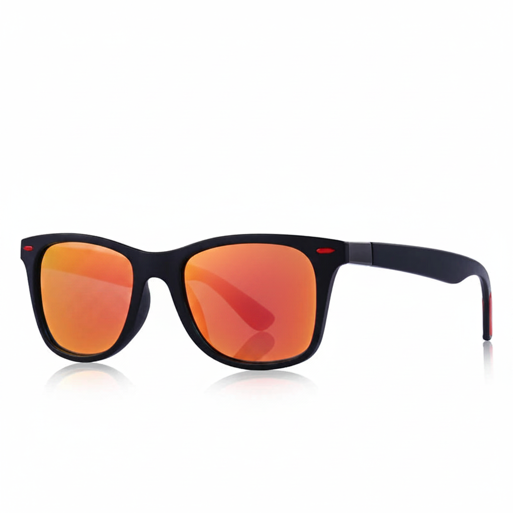 Black-framed sunglasses with orange lenses on a white background