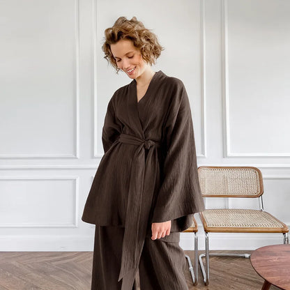The Kinfolk Women's Kimono Home Luxury Sleepwear Set: Elevated Comfort in 100% Cotton Crepe