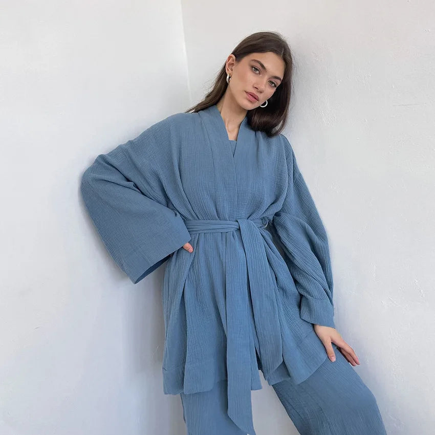 The Kinfolk Women's Kimono Home Luxury Sleepwear Set: Elevated Comfort in 100% Cotton Crepe