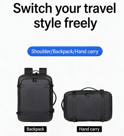 Black backpack and hand carry bag with text 'Switch your travel style freely' on a white background.