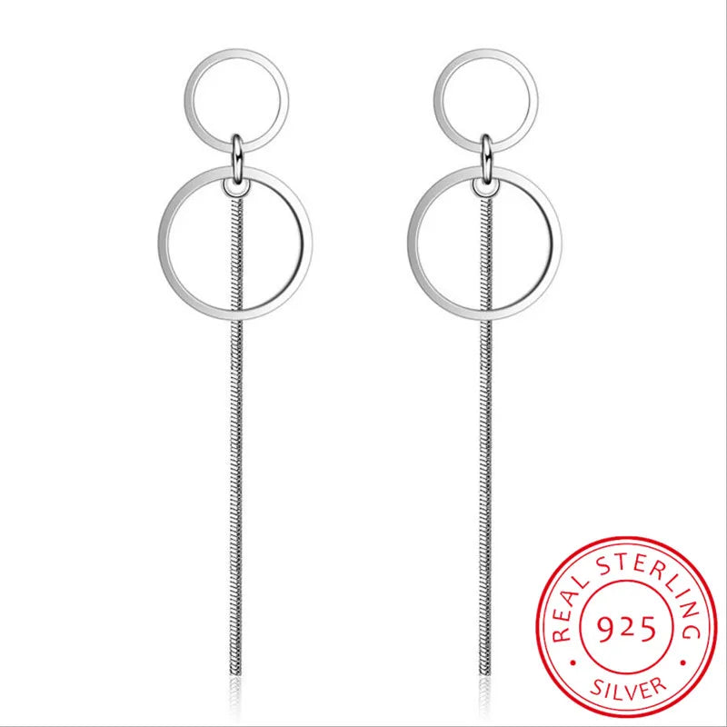 Circle Tassel Long Ear Line Earrings in Sterling Silver