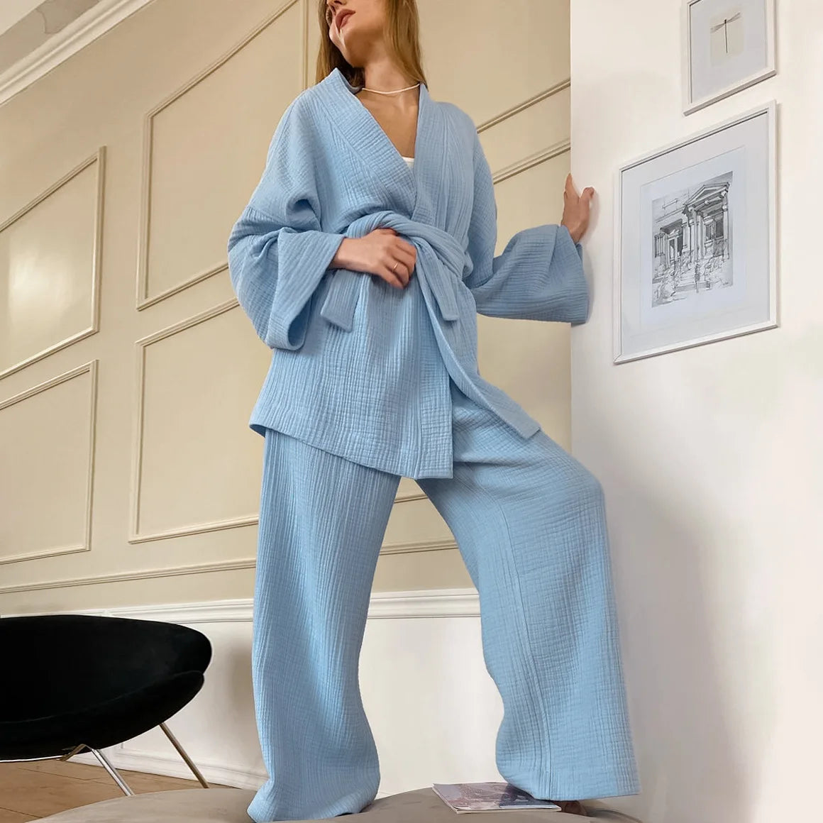 The Kinfolk Women's Kimono Home Luxury Sleepwear Set: Elevated Comfort in 100% Cotton Crepe