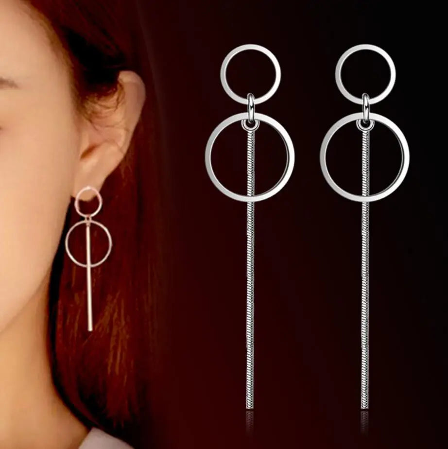 Circle Tassel Long Ear Line Earrings in Sterling Silver