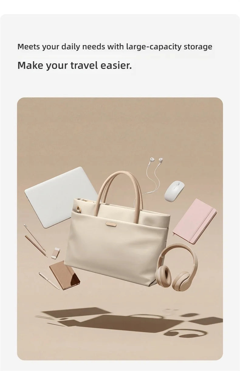A beige tote bag is shown in a styled flat-lay arrangement with a laptop, mouse, earphones, notebook, and other accessories on a warm beige background, with marketing text above.