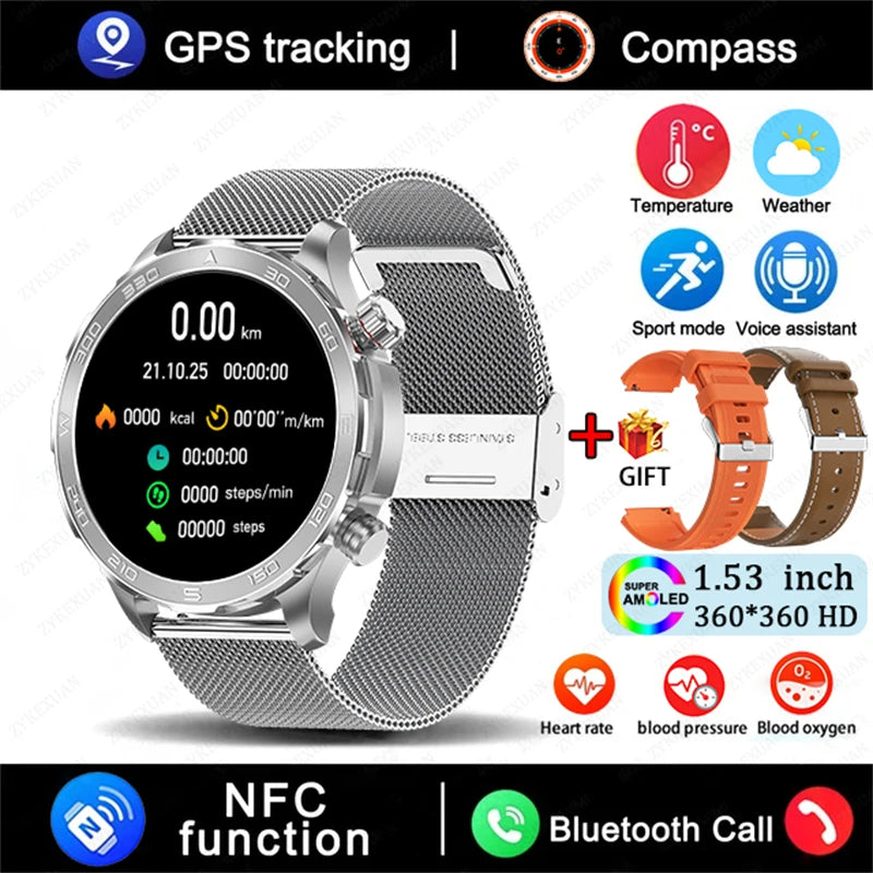 Men's GPS Sports Smartwatch: 1.53" HD Screen, Bluetooth Calling, Compass, & NFC Access