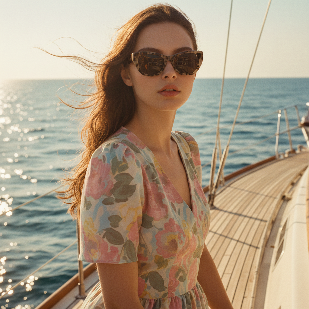 Woman in a floral dress and sunglasses on a boat with ocean view