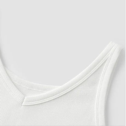 Close-up of a white tank top with a V-neck design on a light gray background.