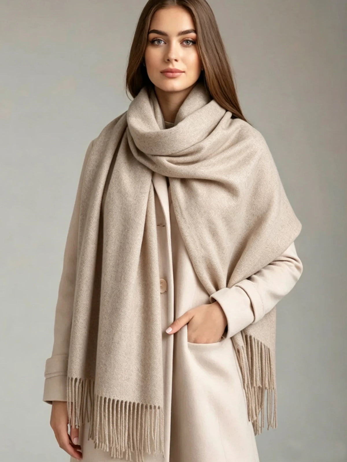 A woman wearing a large, soft beige scarf with fringe trim draped over a light beige coat against a neutral gray studio background.