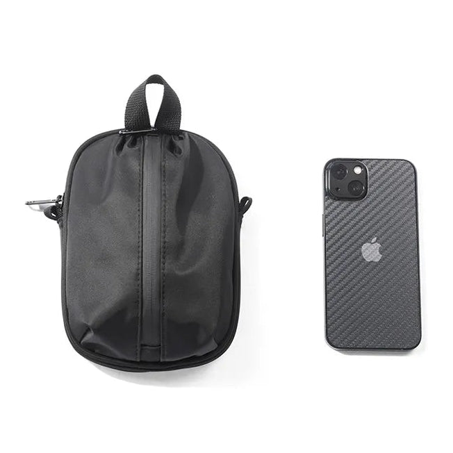 Black backpack and iPhone 13 on a white background with 'Comparison' text.