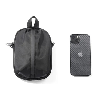 Black backpack and iPhone 13 on a white background with 'Comparison' text.