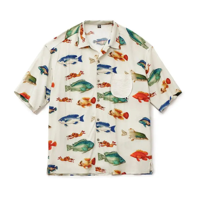 Short-sleeve shirt with colorful fish pattern on a white background