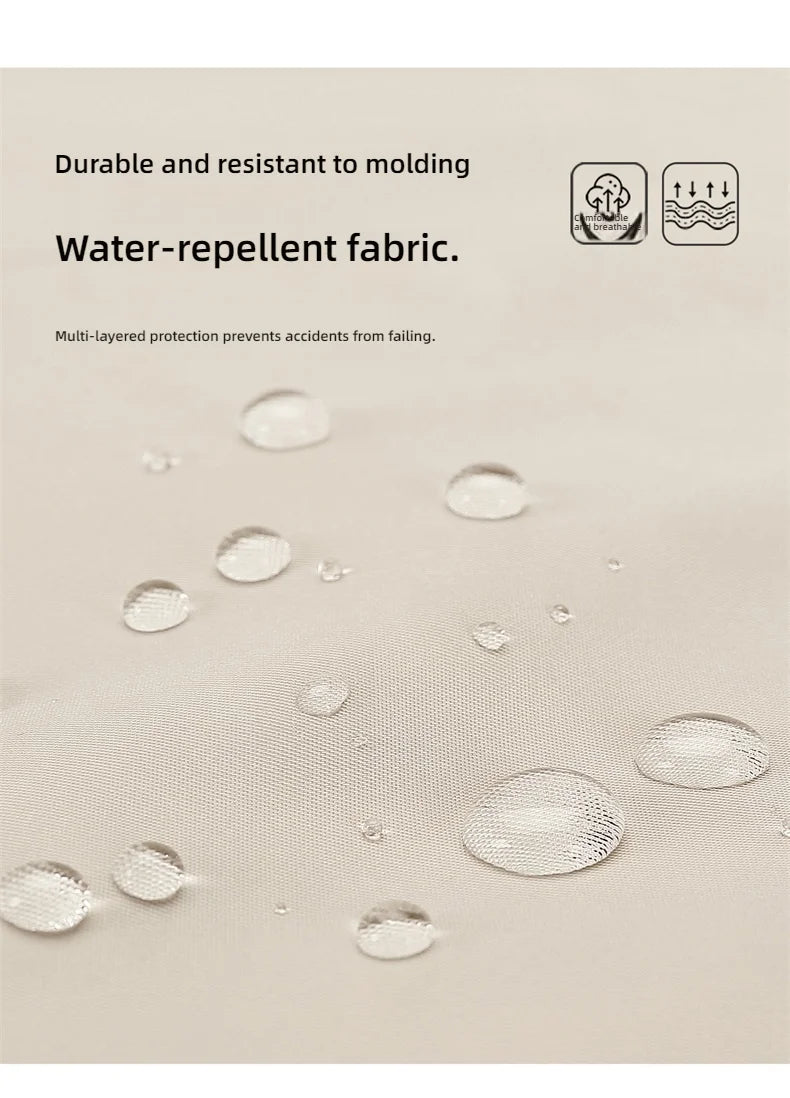 Close-up of a beige fabric surface with water droplets on it, accompanied by text reading 'Durable and resistant to molding' and 'Water-repellent fabric,' plus small icons showing waterproof features.