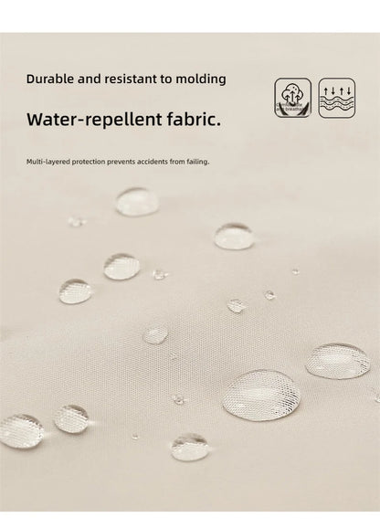Close-up of a beige fabric surface with water droplets on it, accompanied by text reading 'Durable and resistant to molding' and 'Water-repellent fabric,' plus small icons showing waterproof features.