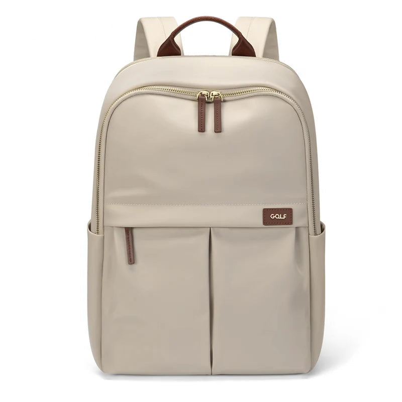 Beige backpack with brown accents on a white background, featuring the 'GOLF' brand.