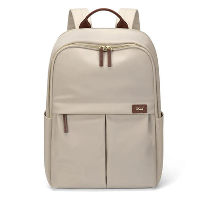 Beige backpack with brown accents on a white background, featuring the 'GOLF' brand.