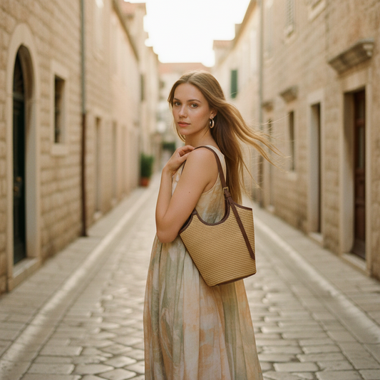 Woman in a long dress holding a straw bag on a narrow street with stone buildings.