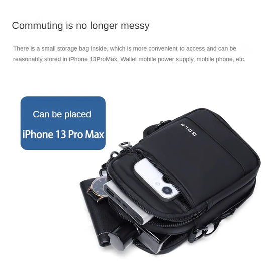 Black phone pouch bag shown on a white background with descriptive text and a blue callout reading 'Can be placed iPhone 13 Pro Max'. The pouch is shown partially open with a phone and wallet inserted.