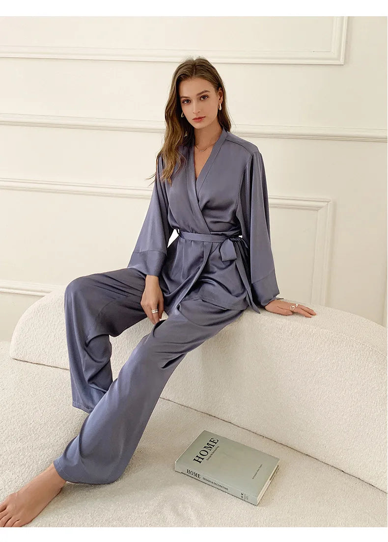 Women's Silky Satin Pyjama Set | Elegant Kimono Wrap Loungewear